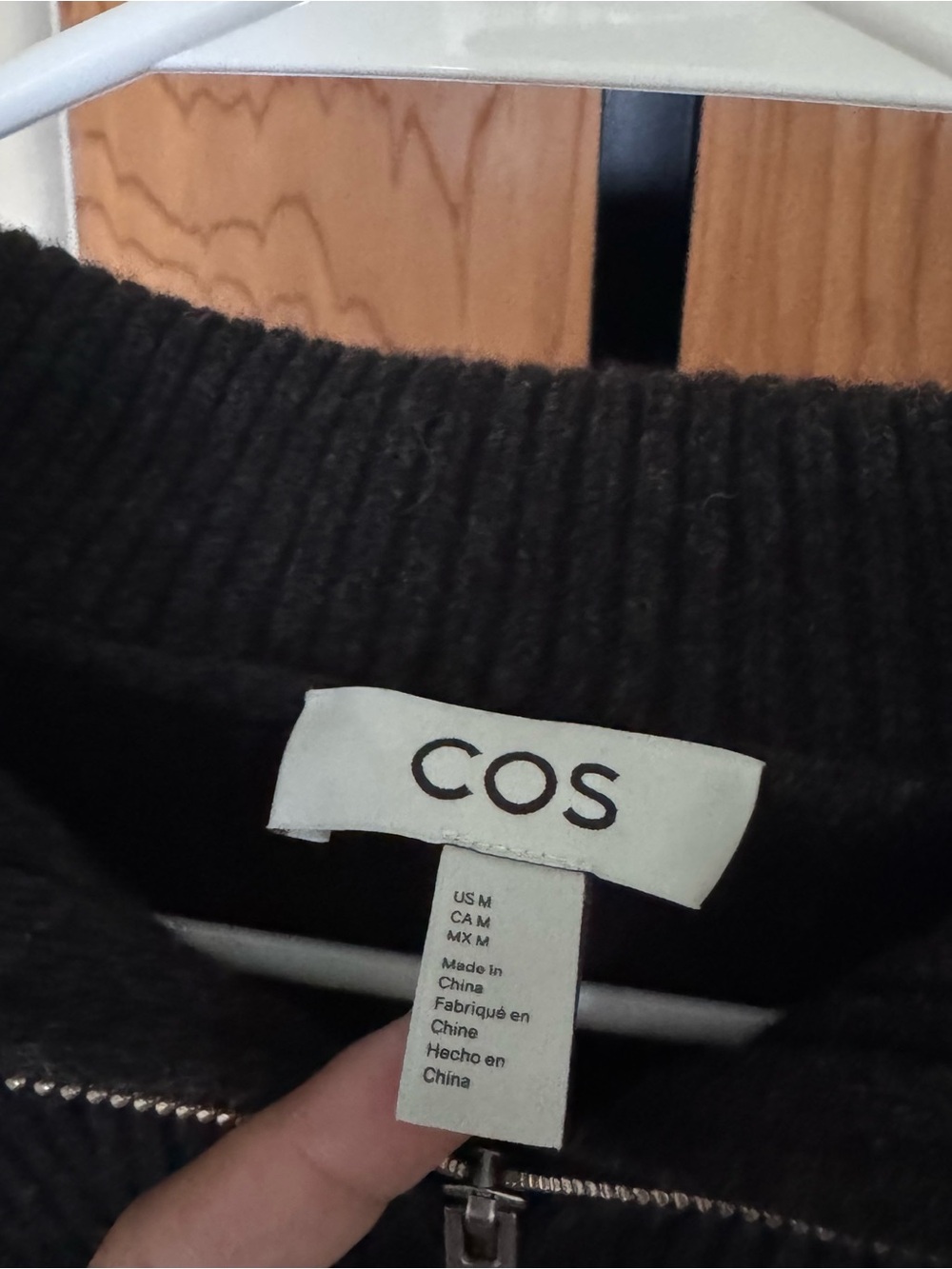 COS Black dark grey Ribbed Half-Zip Cowl Wool Sweater women medium - Picture 2 of 8